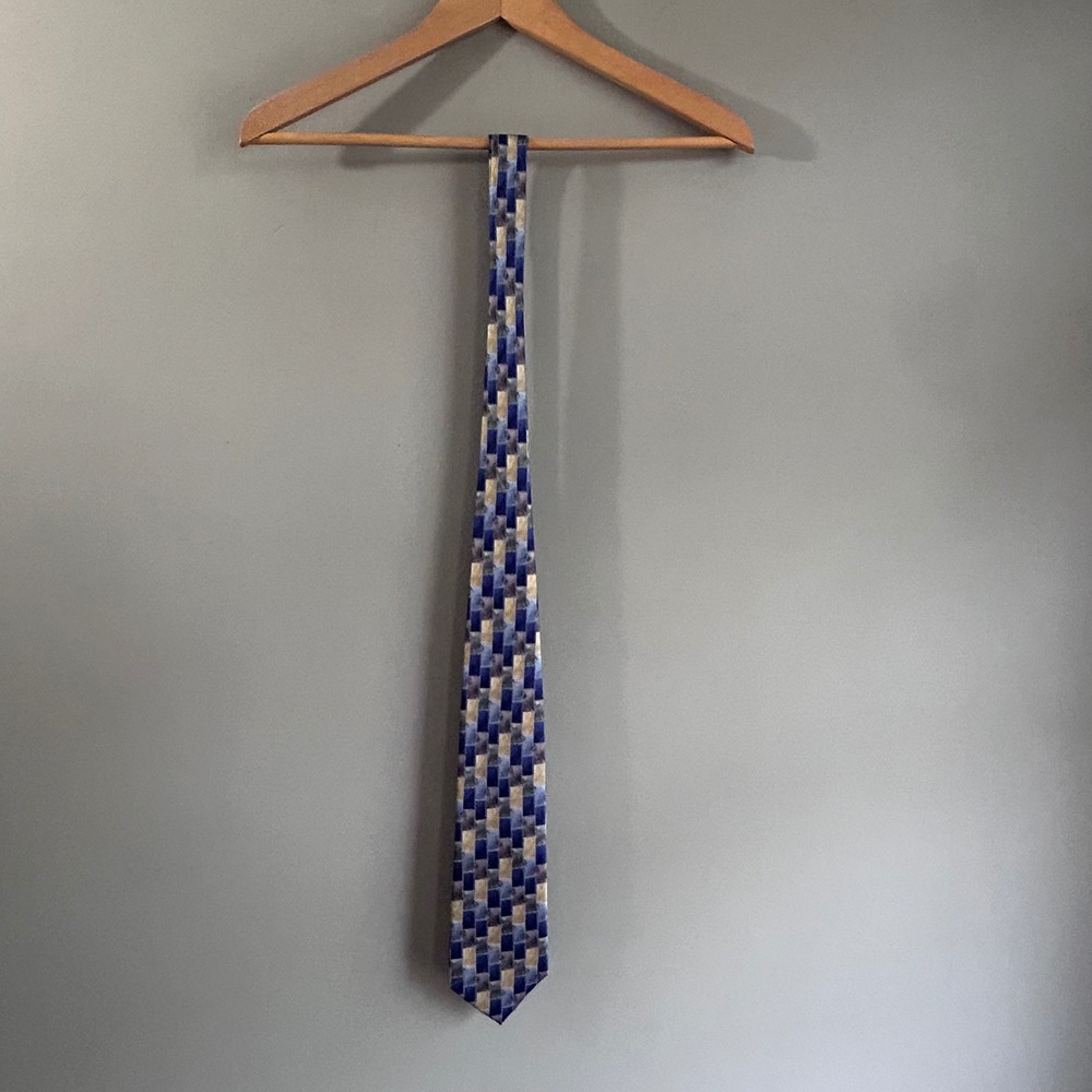 Cocktail Colors Mens Silk Tie Blue Gold Grey Geometric Patchwork Hand Made 61.5"